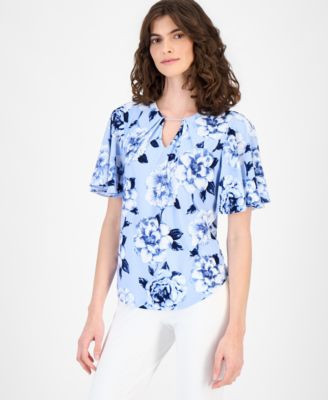 Anne Klein Womens Pleated Printed Bell Sleeve Top | Macy's