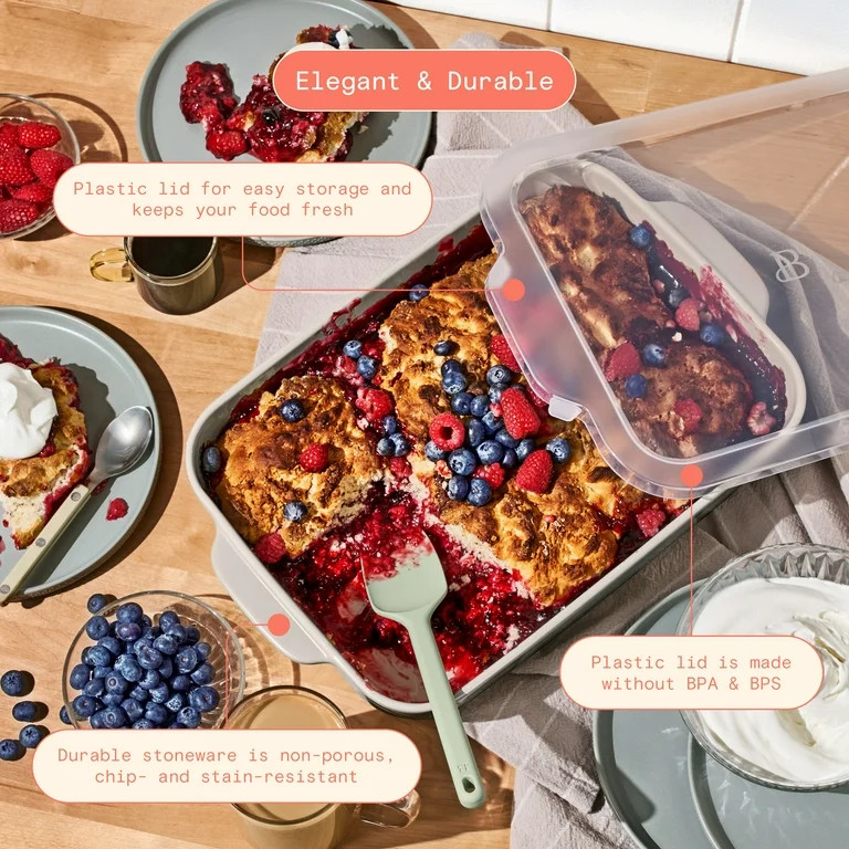 Beautiful 9”x 13” Stoneware Baker with Plastic Lid, Porcini Taupe by Drew Barrymore | Walmart (US)