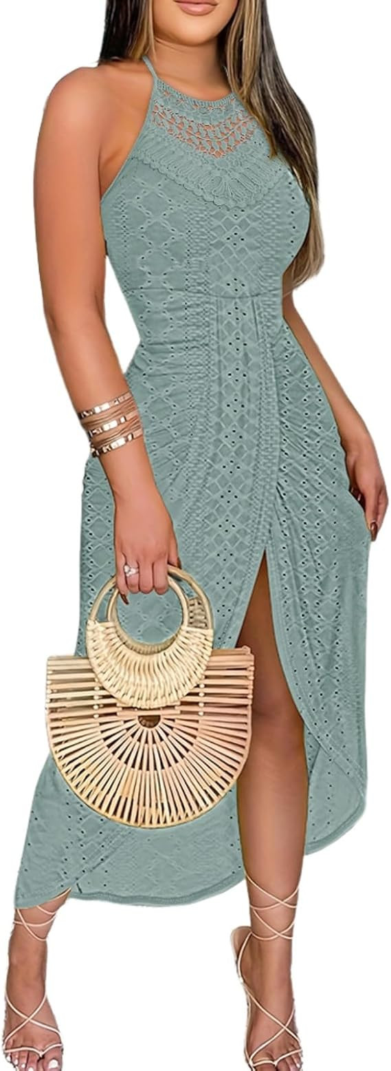 CHICME Womens Summer Halter Dress Hollow Out A Line Vacation Dresses with Eyelet Embroidery & Sid... | Amazon (US)