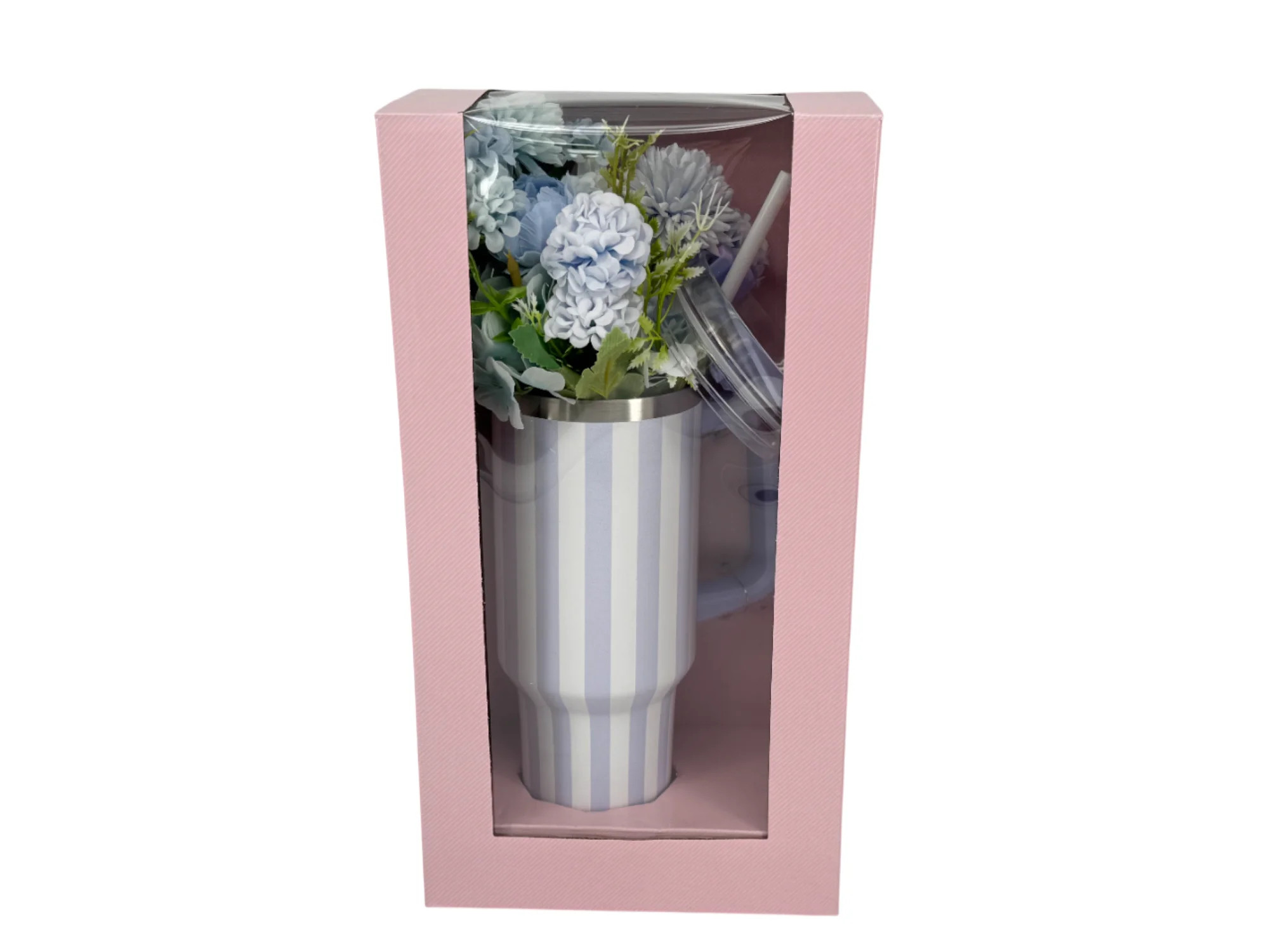Striped Tumbler with Straw and Artificial Flower Gift Set, Blue, 40 oz, Mother's Day by Way To Ce... | Walmart (US)