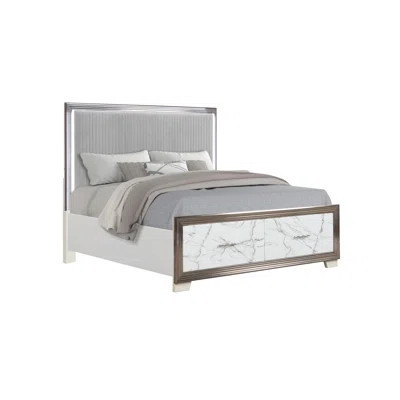 Desire Queen Bed –Upholstered LED Headboard With Marble-Patterned Footboard Storage And Metallic Trim For A Chic Modern Bedroom Statement(NJ INVENTORY | Wayfair North America