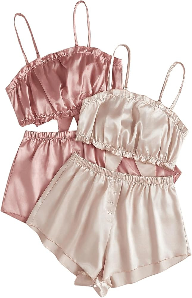 OYOANGLE Women's 2 Pack Satin Pajama Set Bow Back Cami Crop Top and Shorts Silky Pjs Bridal Party... | Amazon (US)