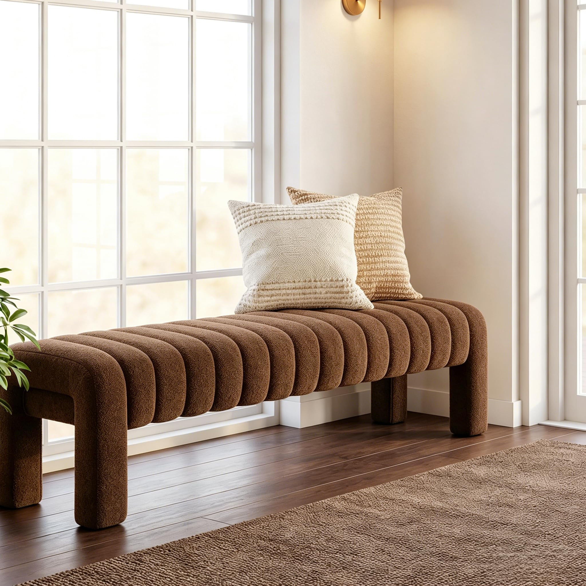 63" Bedroom Bench, Upholstered Entryway Bench, Modern End of Bed Ottoman with Solid Wood Legs and... | Amazon (US)