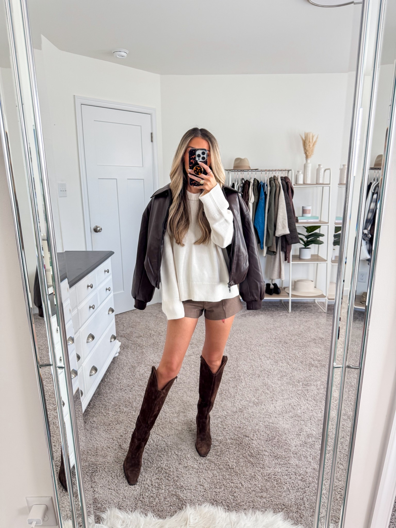 Elevated casual fall outfit 
+ sweater: small
+ shorts: xs
+ boots: true to size 
+ jacket: xs 

#LTKFindsUnder100 #LTKFindsUnder50 #LTKSeasonal