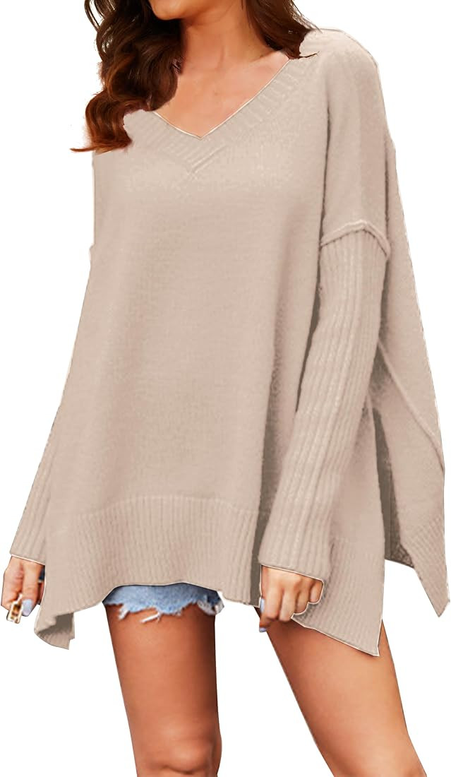 SAFRISIOR Women V Neck Oversized Sweater Tops Loose Long Sleeve Side Slit Drop Shoulder Ribbed Kn... | Amazon (US)