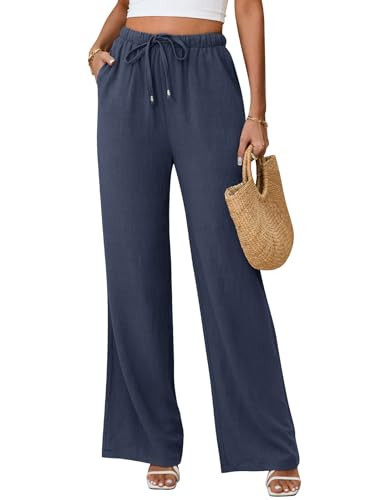 Jyanl Linen Pants for Women Flowy Palazzo Pants Boho High Waist Wide Leg Trousers Summer Beach Vacation Outfits 2025 Navy | Amazon (US)