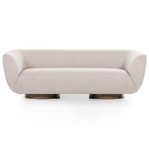 Sabina Modern Classic Beige Performance Brown Wood Base Tight Back Sofa - 87"W | Kathy Kuo Home