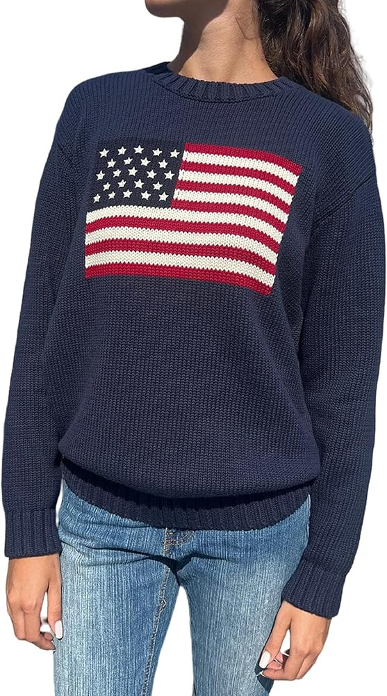 Adoeren Women American Flag Sweater Vintage Long Sleeve Crewneck Knitted Jumper Oversized Aesthet... | Amazon (US)