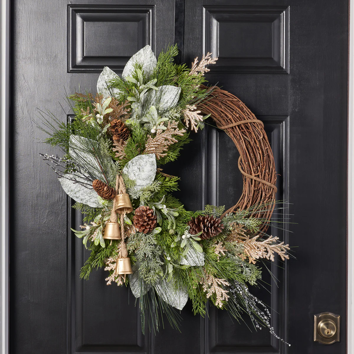 Golden Ice - Frosted Mistletoe, Gilded Cedar & Mixed Winter Greens with Gold Bells Christmas Fron... | Darby Creek Trading