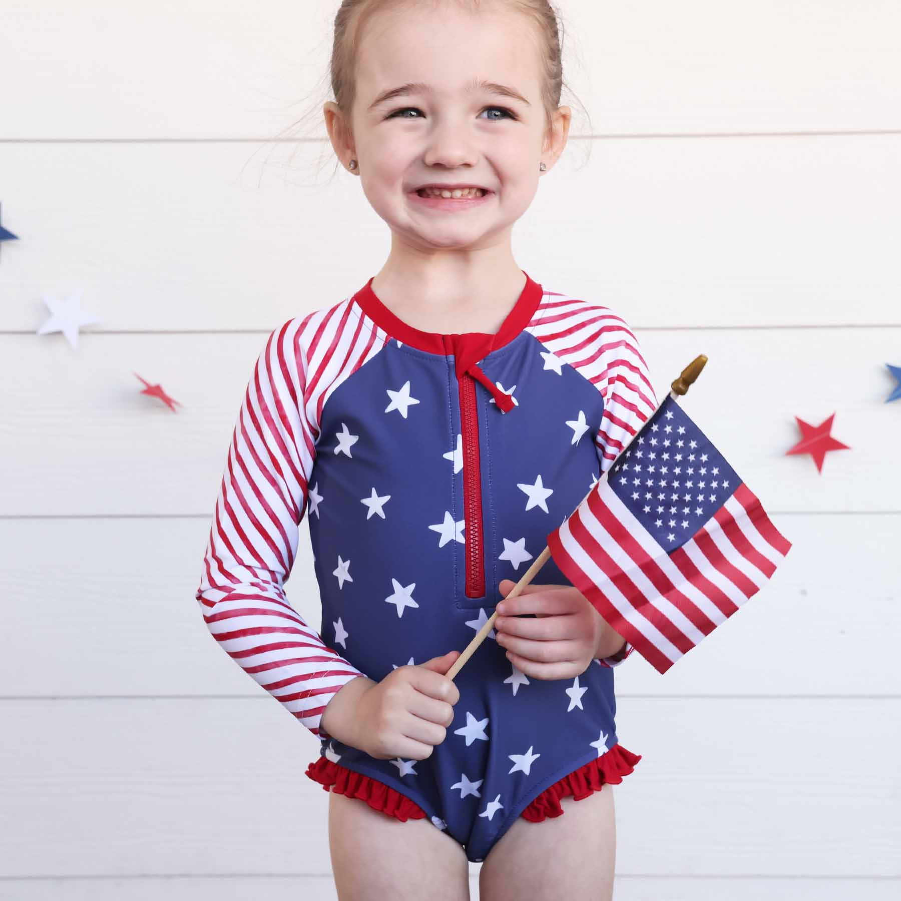Long Sleeve Rash Guard with Front Zipper | Star-Spangled Summer | Caden Lane