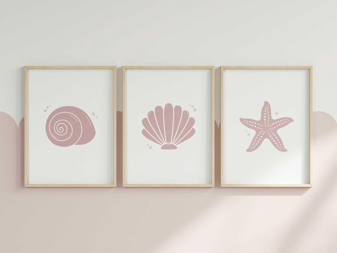 Set of 3 Shells Dusty Pink Printable Wall Art, Girls Seashells Starfish Nursery, Neutral Ocean Th... | Etsy (US)