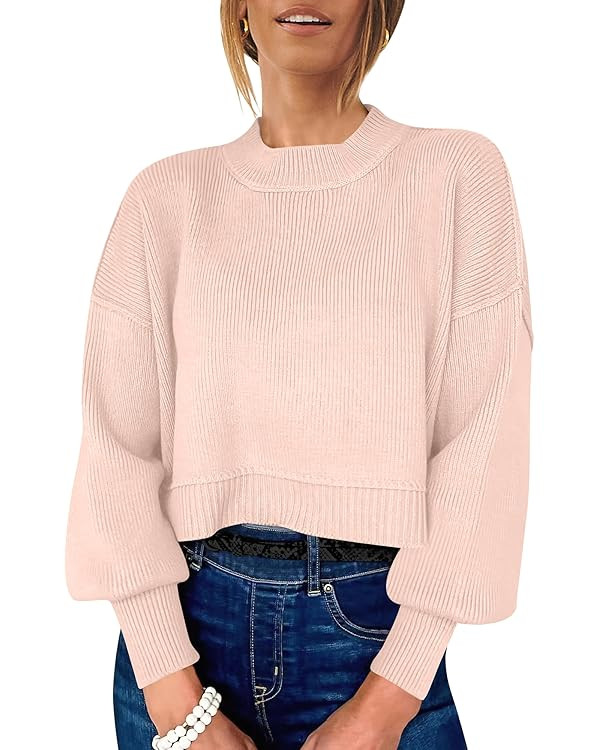 ANRABESS Womens Cropped Sweaters Oversized Crewneck Long Batwing Sleeve Side Slit Ribbed Knit Pul... | Amazon (US)