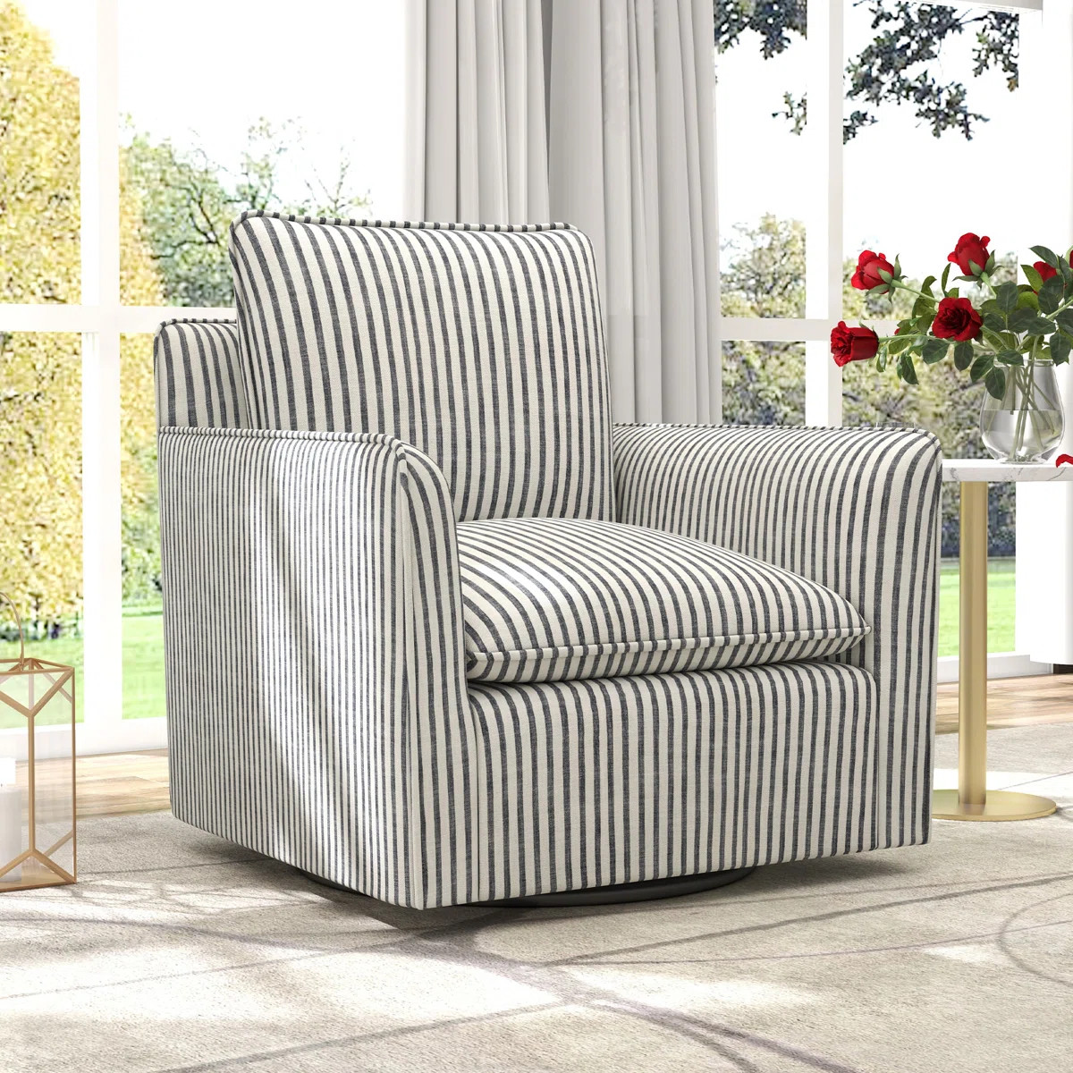 Kandyn 29.7" W Modern Soft Stripe Upholstered Swivel Barrel Chair with Removable Cushion | Wayfair North America