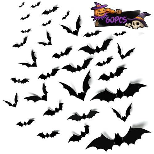 Halloween Decorations Indoor Bat Stickers Decor 60 Pcs Realistic Spooky 3D Bat Wall Stickers for Halloween Party Decoration DIY Halloween Home Decor | Amazon (US)
