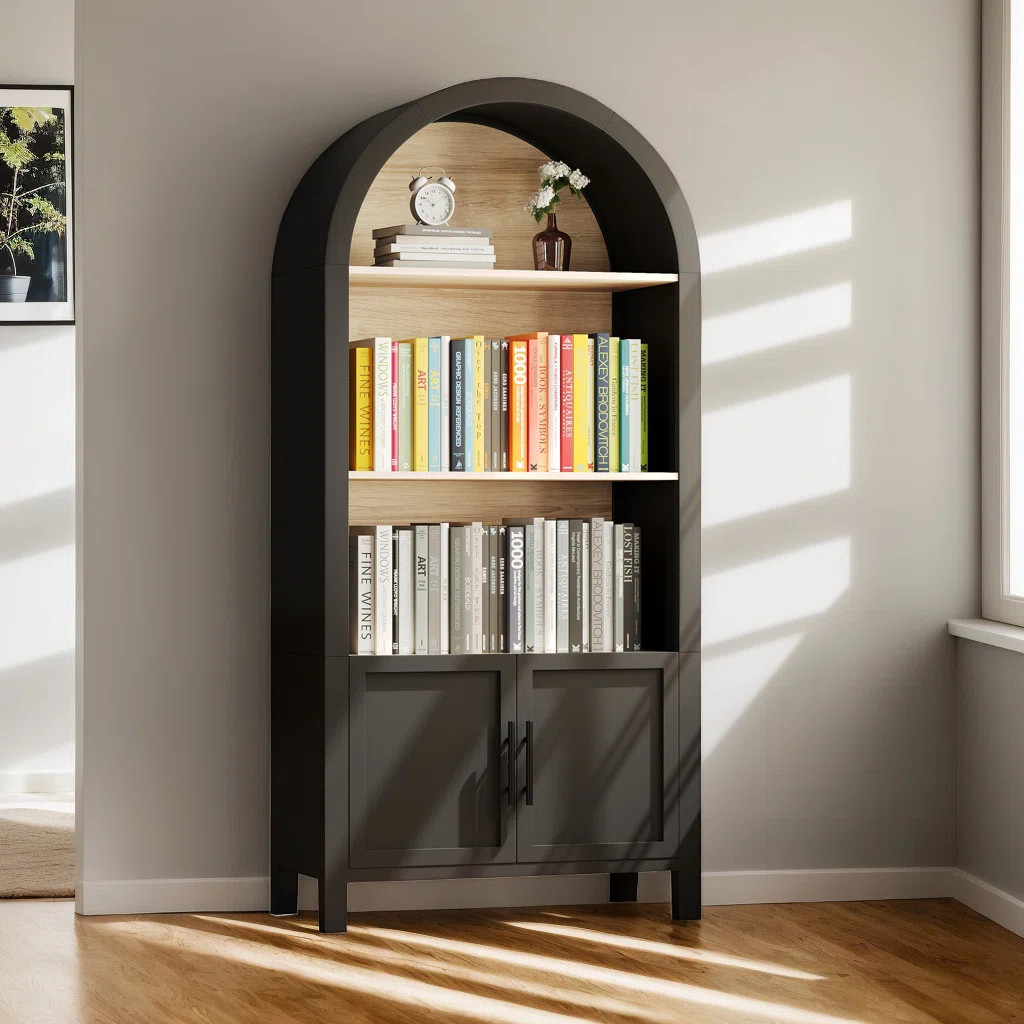 66.7" Tall Arched Bookshelf With Storage Cabinet, Mid-Century Modern 3-Tier Arched Cabinet With O... | Wayfair North America