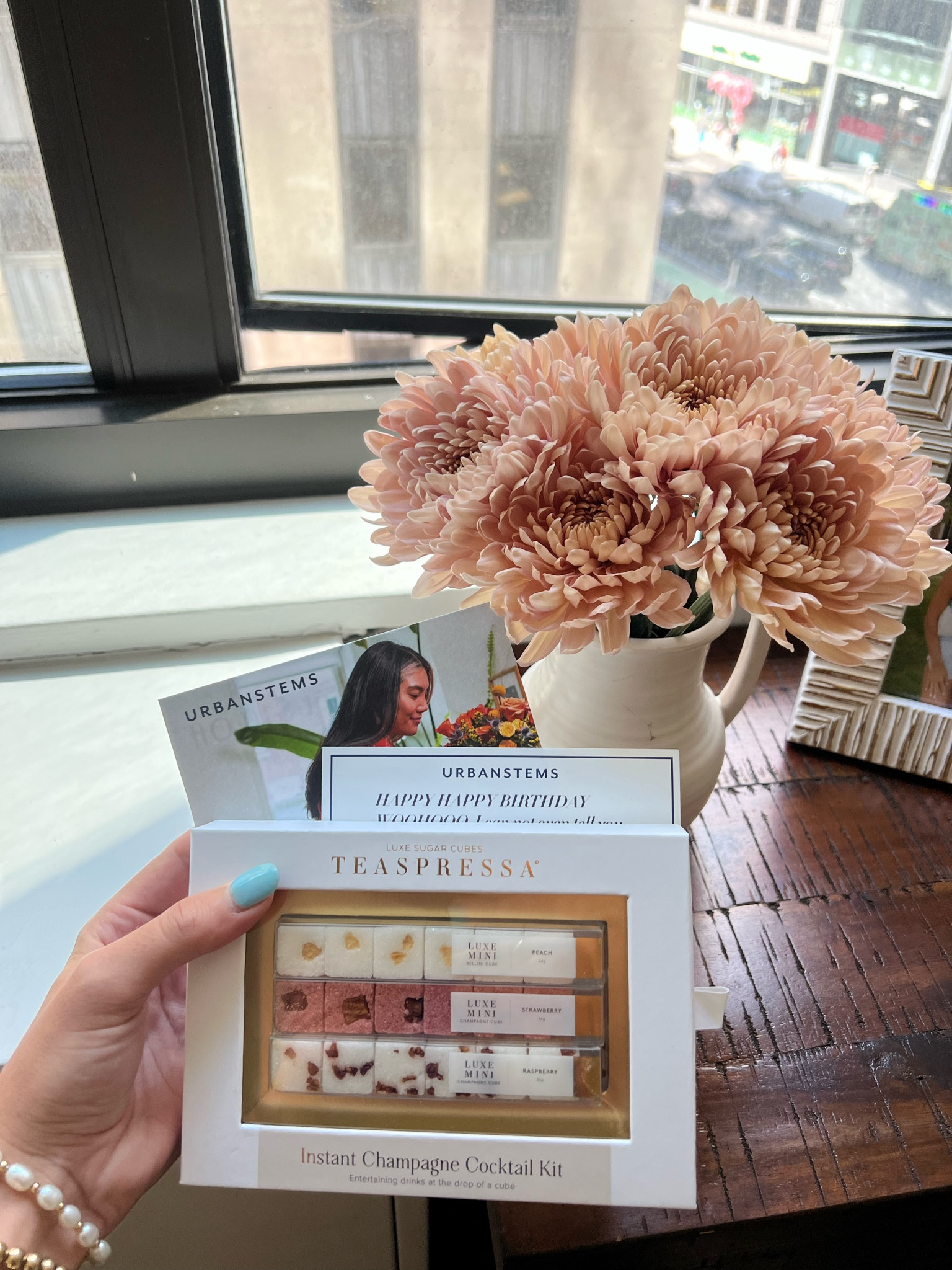 23rd birthday gift 🫶🏼 the prettiest flowers + flow vase from Target, and some champagne flavoring cubes