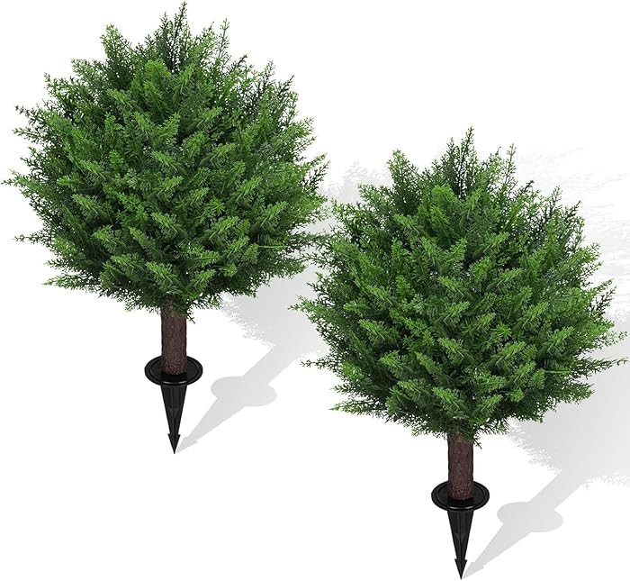 Artificial Set of 2 Cedar Topiary Ball Trees 22" for Outdoors with Ground Spike, UV Resistant Fau... | Amazon (US)