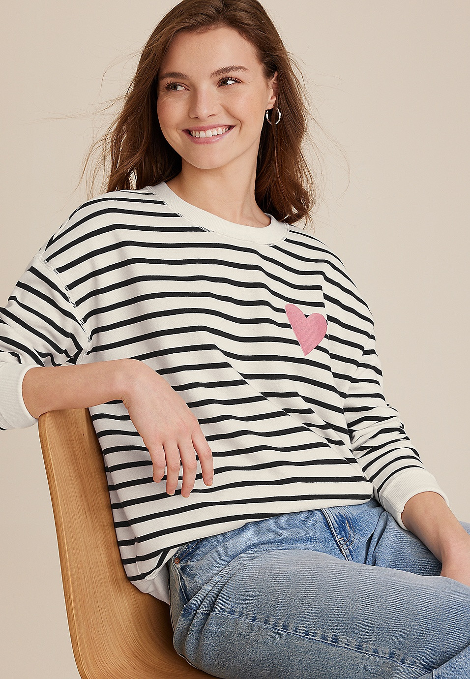 Striped Heart Embroidered Sweatshirt | Maurices
