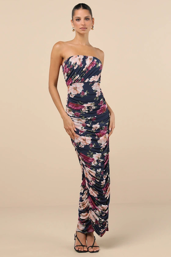 Averie Navy Floral Mesh Strapless Maxi Dress | Lulus