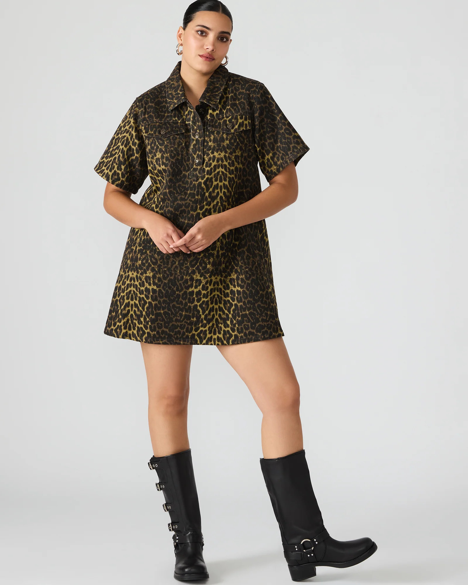 FREDDY Hot Spots Print Short-Sleeved Denim Button-Up Mini Women's Dress | Steve Madden (US)