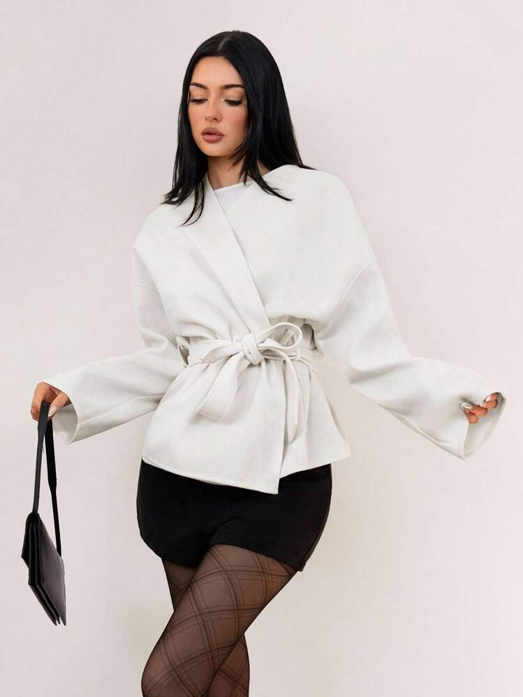 White Tie Front Coat  | SHEIN