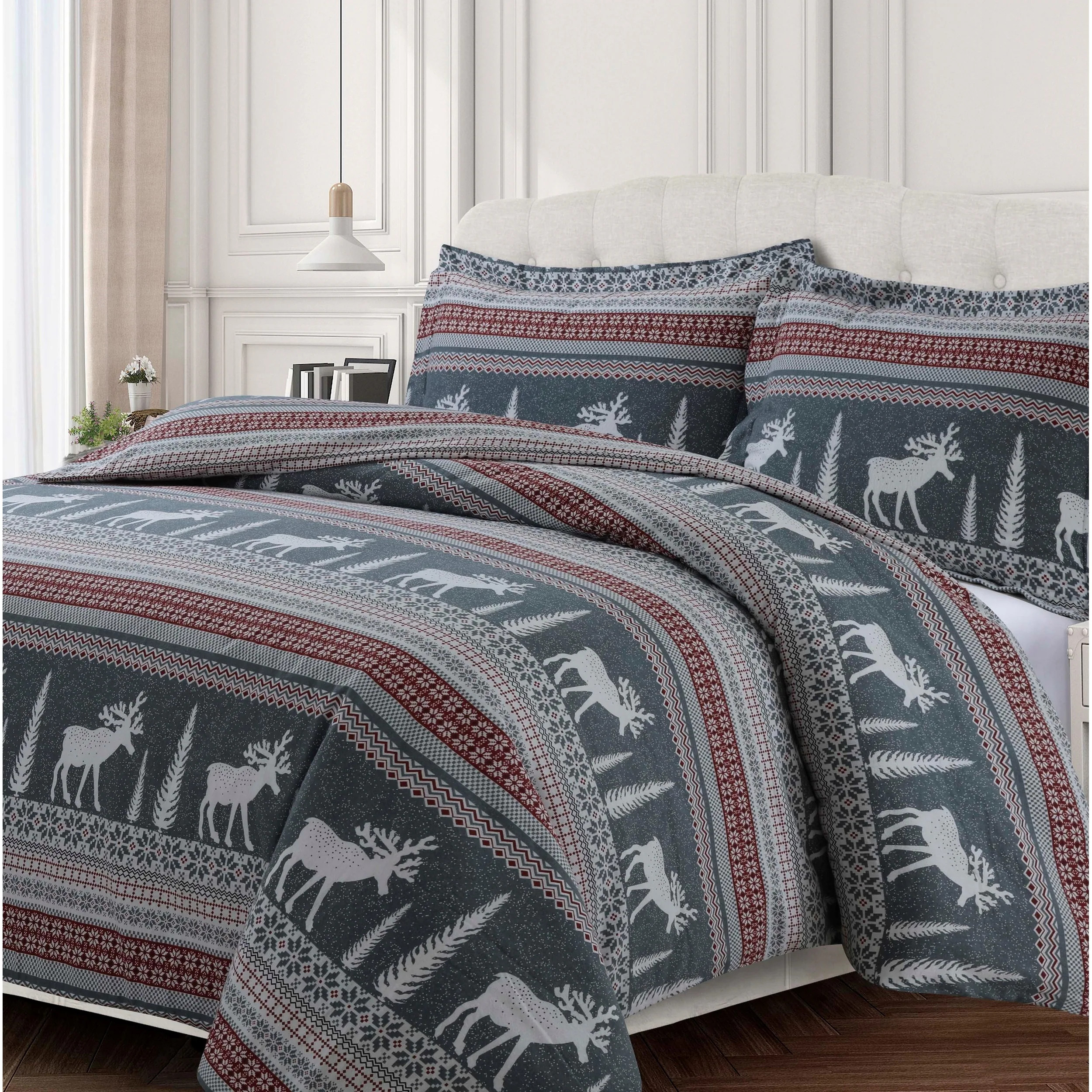 Winter Reindeer 170-GSM Cotton Flannel Printed Oversized Duvet Set - winter reindeer - winter reindeer | Bed Bath & Beyond