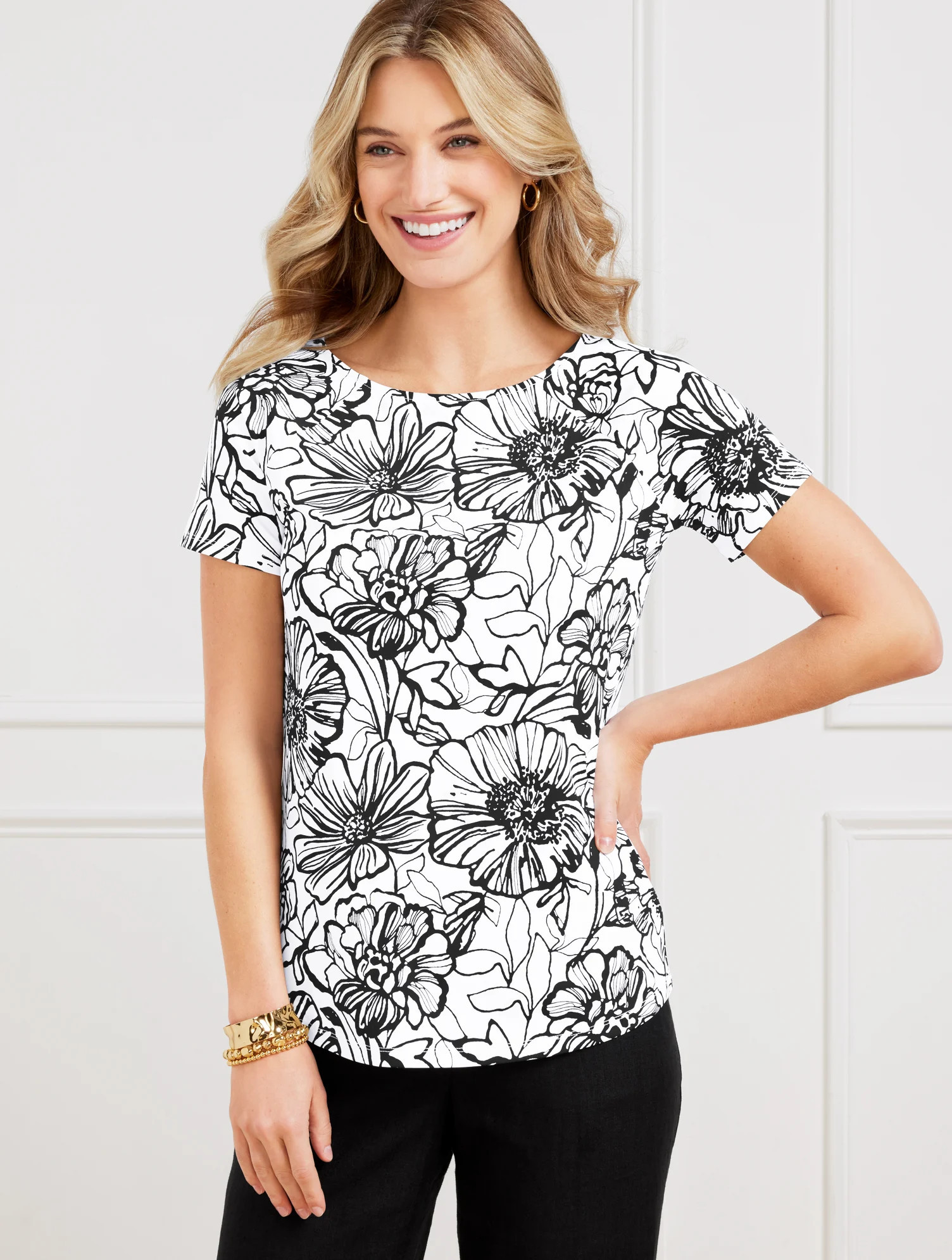 Plus Size - Effortless Jersey Bateau Neck T-Shirt - Alluring Floral - White/Black - 1X Talbots | Talbots