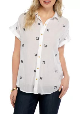 New Directions Women's Embroidered Short Sleeve Button Down Shirt - | Belk