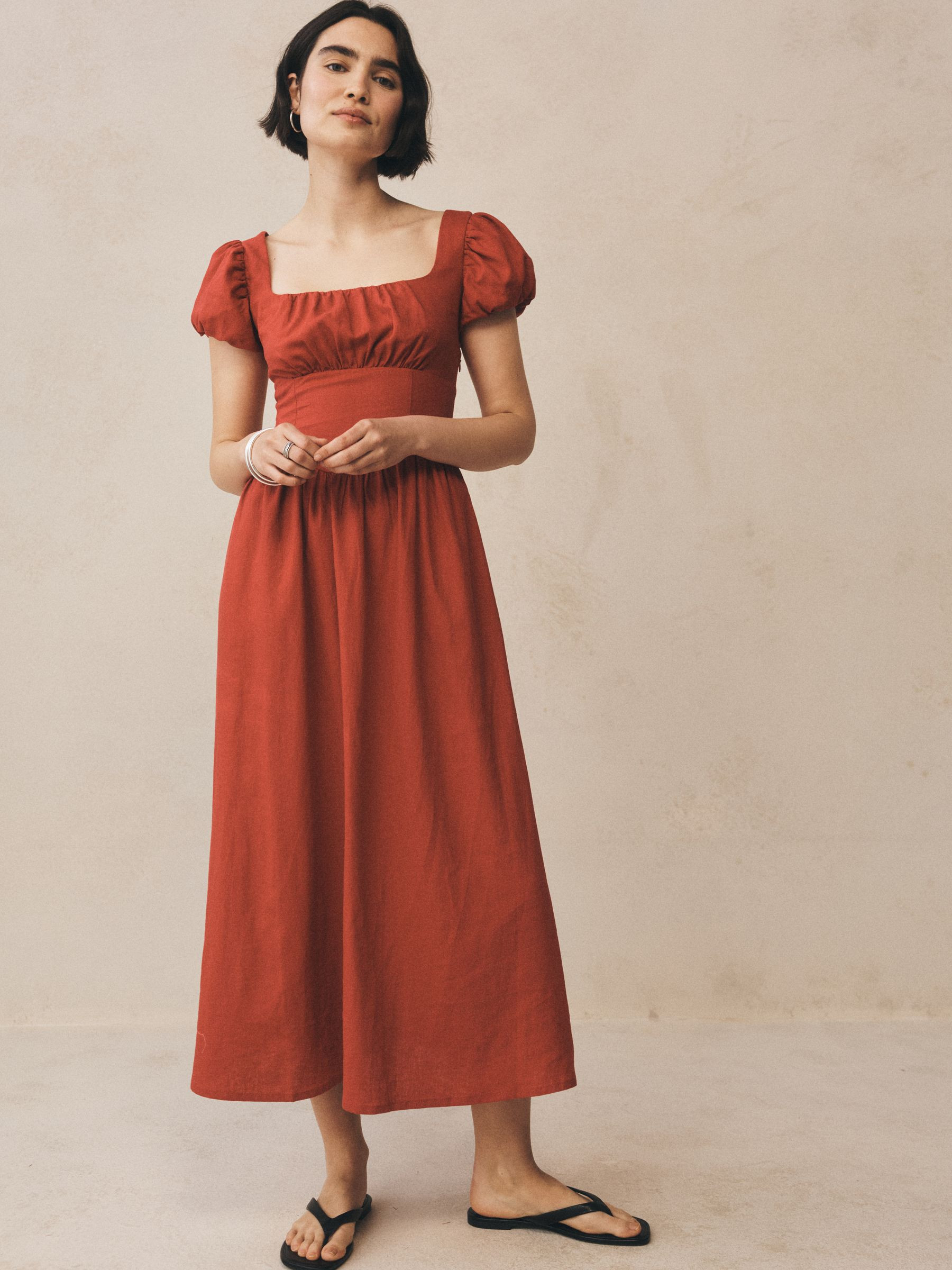 Red Linen Blend Puff Sleeve Drop-Waist Maxi Dress | Gap | GAP UK