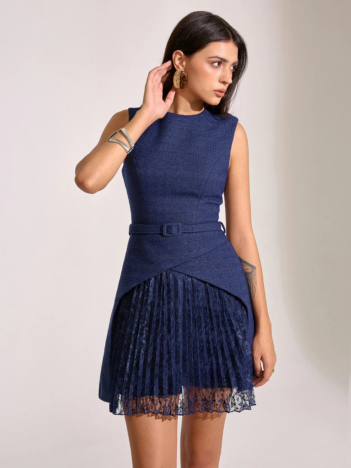 Belted Pleated Lace Mini Dress | Commense