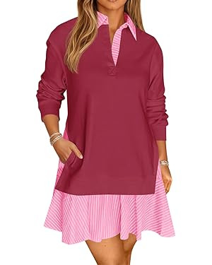 Wenrine Womens Oversized Sweatshirt Dress Casual Long Sleeve Collared V Neck Patchwork Loose Mini... | Amazon (US)