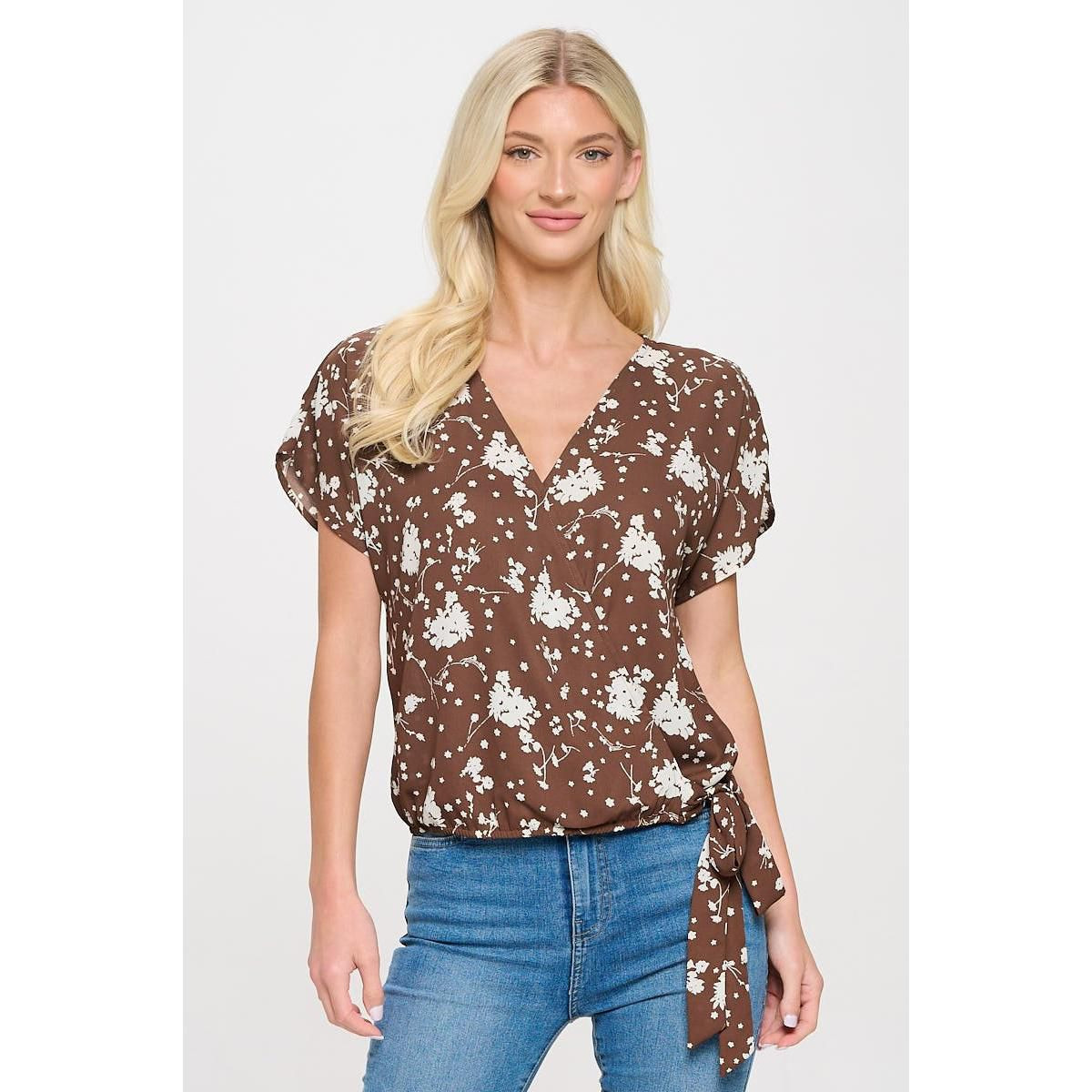 WEST K Women's Dallas Side-Tie Short Dolman Sleeve Faux Wrap Top - Xlarge - Brown White Floral | Target