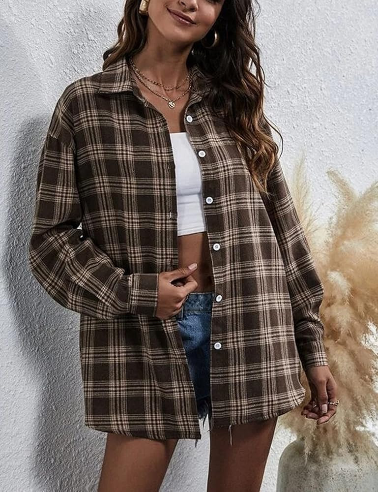 HangNiFang Womens Flannel Plaid Shirts Oversized Button Down Shirts Blouse Tops | Amazon (US)