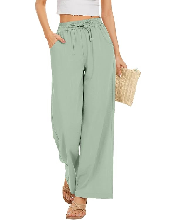 Women Flowy Pants Drawstring Waist Wide Leg Palazzo Beach Pants Loose Fit with Pockets | Amazon (US)