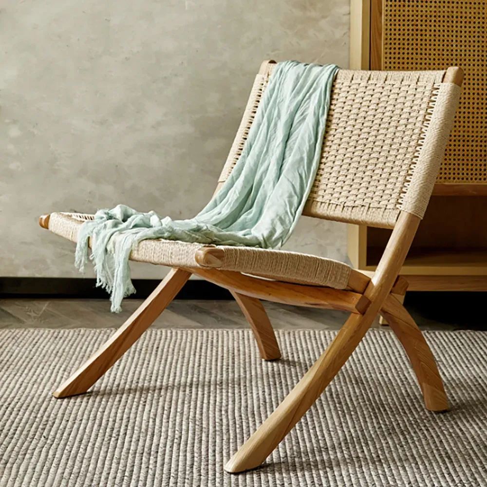 Rustic Foldable Recliner Chair Ash Wood Woven Hemp Rope Back & Seat in Natural | Homary.com