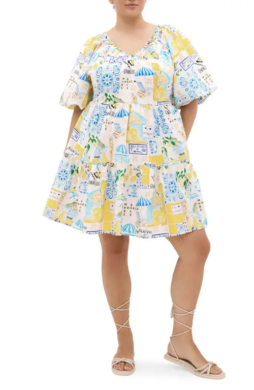 City Chic Fantasy Amalfi Print Tiered Minidress in Amalfi Coast at Nordstrom, Size 14W | Nordstrom