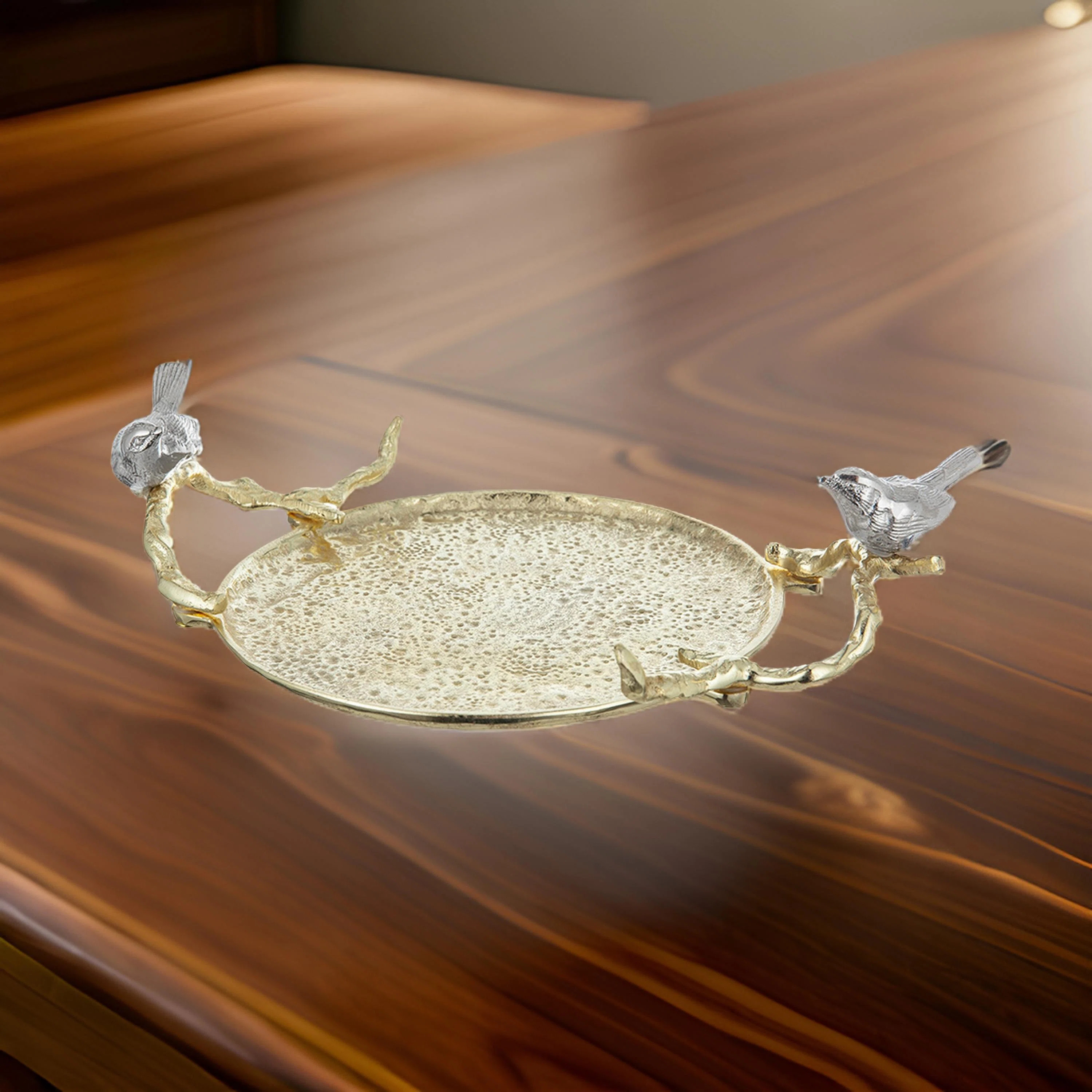 21” Decorative Gold Aluminum Tray with Silver Bird Handles, Nature-Inspired Accent Tray for Ser... | Wayfair North America
