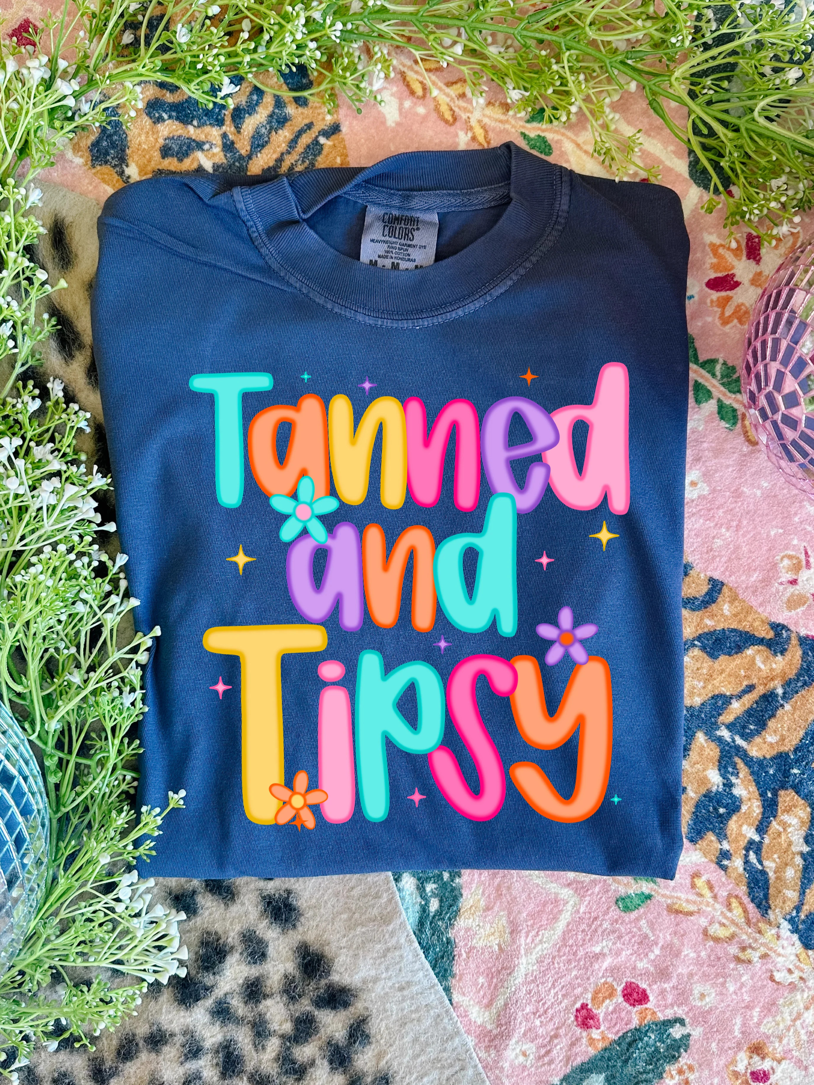 Tanned & Tipsy in Navy Graphic Tee Small | Statement Boutique