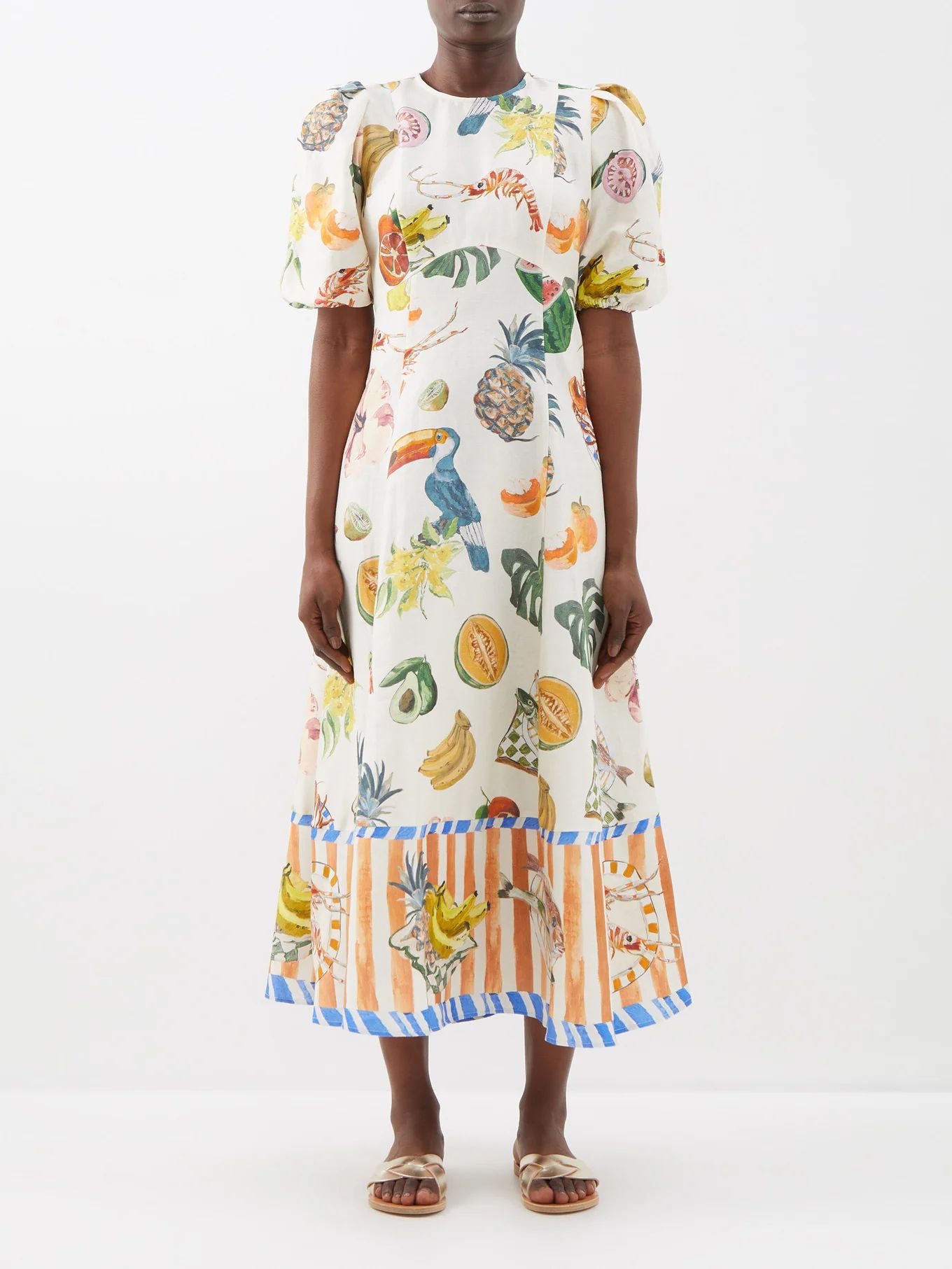 Theo printed linen-blend midi dress | ALÉMAIS | Matches (US)