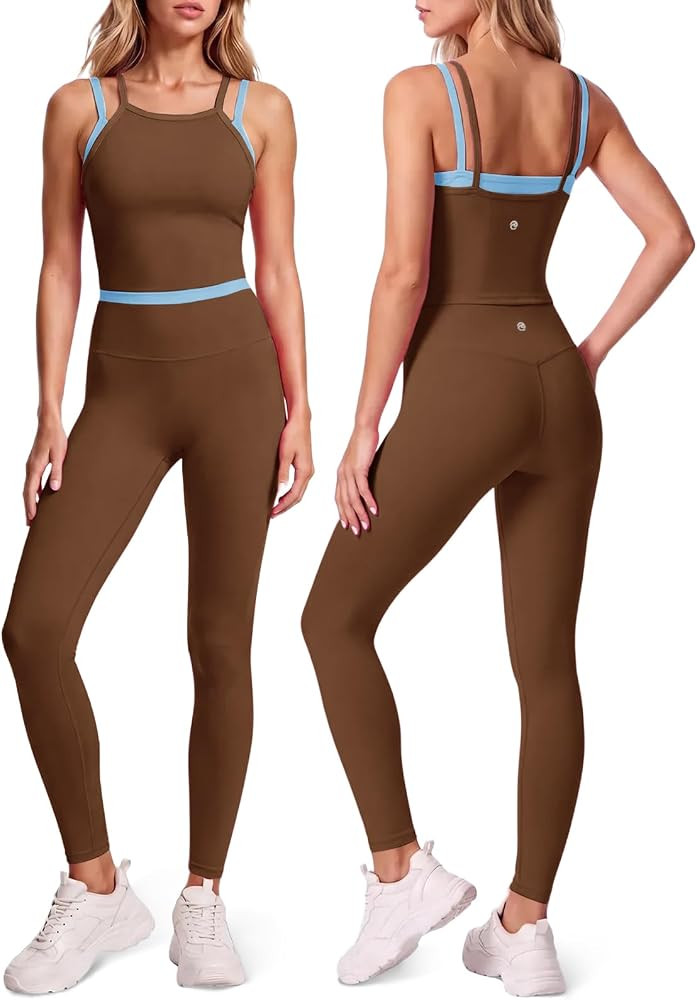 Aoysky Womens 2 Piece Workout Sets Padded Tank Top High Waist Leggings Set | Amazon (US)