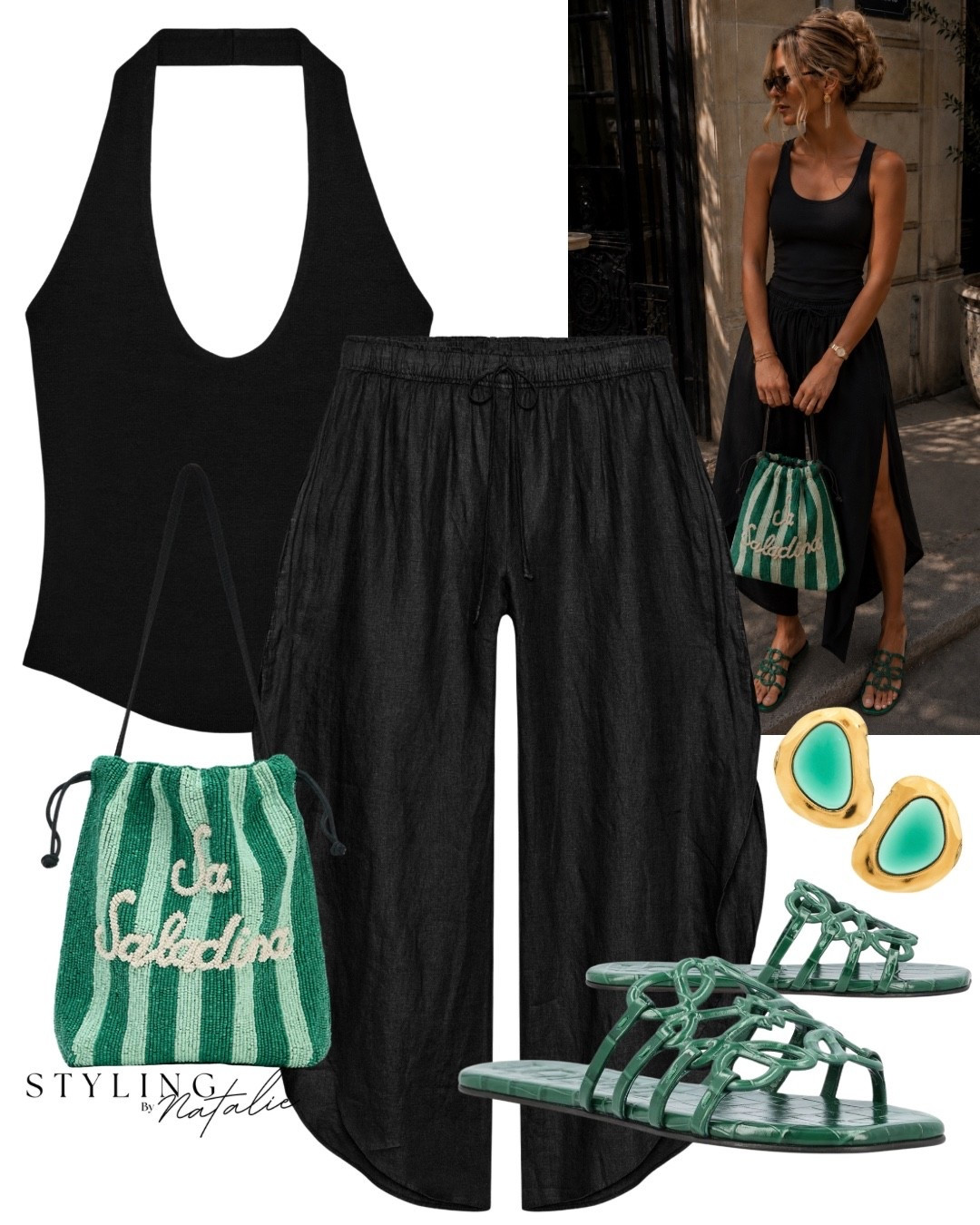 Breezy heatwave style- 100% linen flowy trousers with side vents, black halter scoop neck top, stripe beaded bucket bag, green Loewe anagram sandals slides. Mint and black 🧚🏼
🏷️ Zara outfit, summer outfit, weekend look, date night, comfy casual, holiday outfit, pull on trousers @Zara

#LTKuk #LTKsummer #LTKeurope