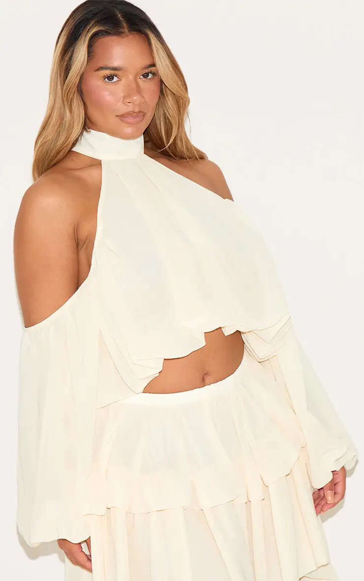 Shape Cream Chiffon High Neck Off Shoulder Blouse | PrettyLittleThing US