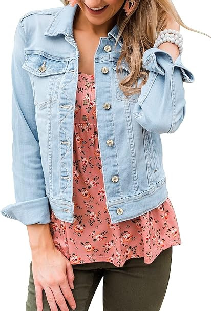LookbookStore Women's Basic Long Sleeves Button Down Fitted Denim Jean Jackets | Amazon (US)