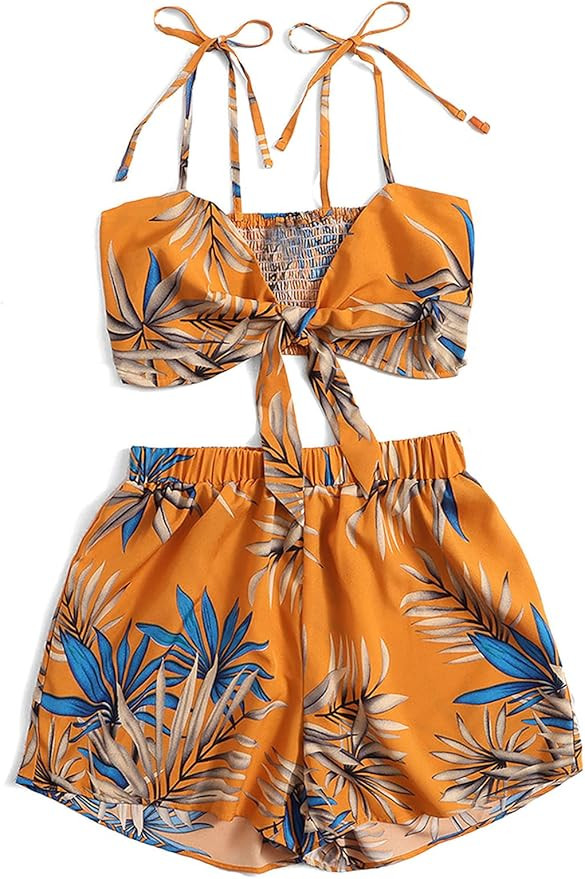 SweatyRocks Women's Boho 2 Piece Outfits Knot Front Crop Top with Shorts Sets | Amazon (US)