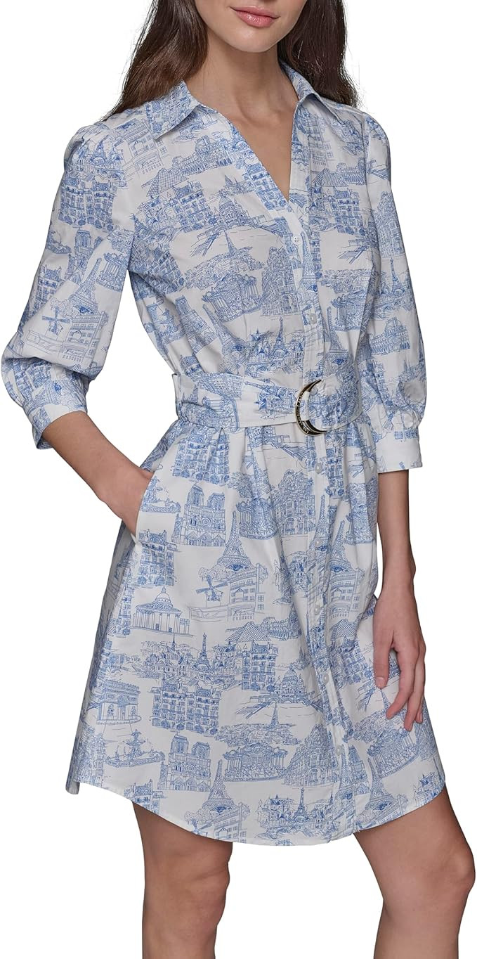 Karl Lagerfeld Women's 3/4 Sleeve Collared Belted Cotton Mini Shirtdress | Amazon (US)