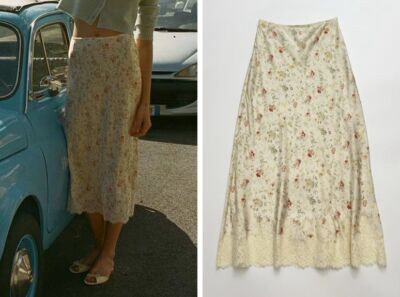 Women Doen Silk Floral Contrasting Lace A-line Midi Skirt | eBay US