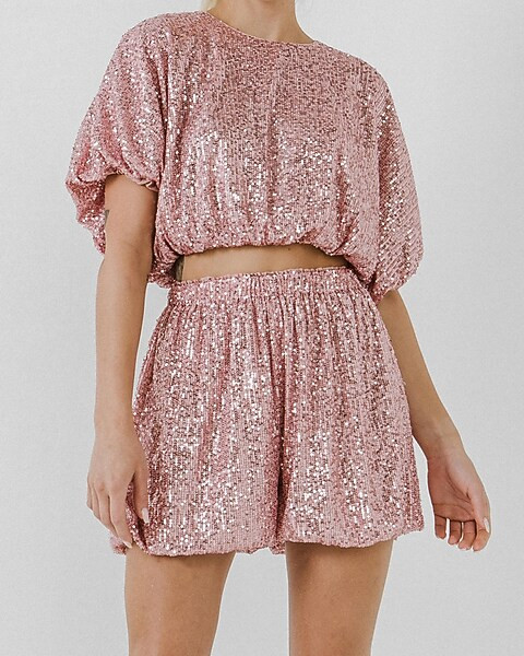 Endless Rose Sequin Cropped Puff Sleeve Top | Express