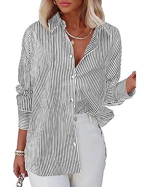 Diosun Womens Striped Button Down Shirts Classic Long Sleeve Stylish Collared Office Work Blouses... | Amazon (US)