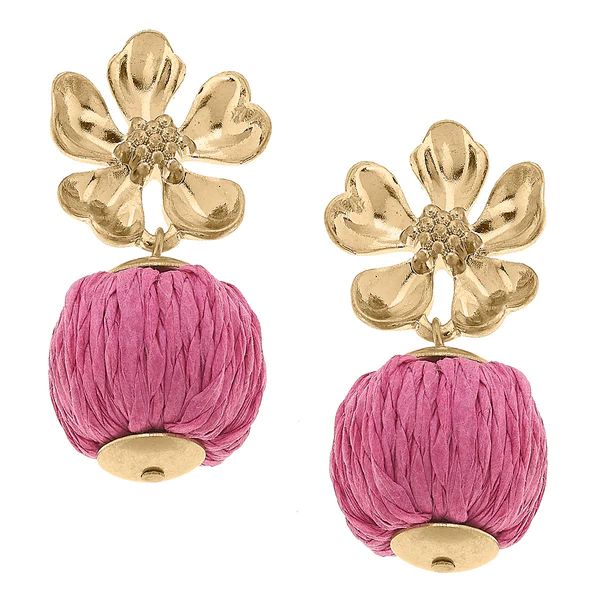 Lilah Flower Stud with Raffia Ball Earrings in Pink | CANVAS
