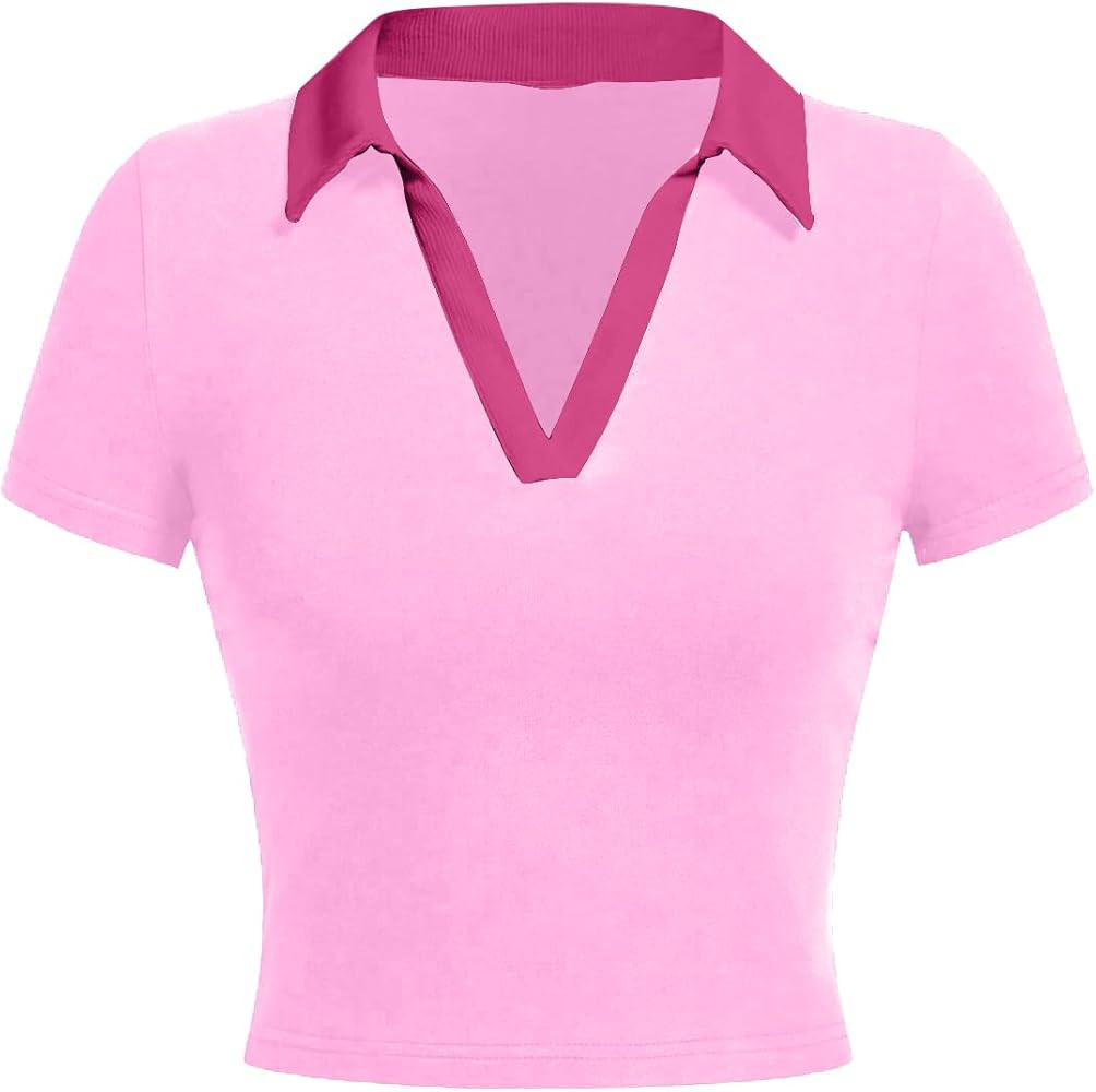 Avanova Women Polo Collared V Neck Tee Shirts Ringer Short Sleeve Crop Tops | Amazon (US)